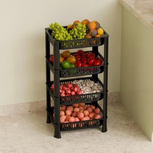 61qQDpQ7eaL._SX679_ Multipurpose Plastic Kitchen Rack with Baskets | Vegetable & Fruit Storage Stand | Strong & Durable Organizer for Kitchen, Bathroom & Utility (4 Layer, Black)