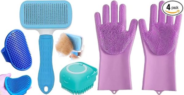AVRIN 4-in-1 Pet Grooming Kit for Dogs & Cats | Includes Self-Cleaning Slicker Brush, Silicone Bath Gloves, Bath Scrubber & Cat Comb | Complete Pet Grooming Tools for All Hair Types| Dog Brush Kit