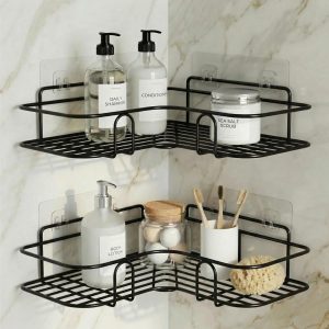 81VF4kpZlwL._SL1500_ DALUCI Set of 2 Metal Bathroom Corner Shelf Rack | No Drilling Self Adhesive Wall Mounted Storage Organizer for Bathroom & Kitchen | Rustproof Bathroom Shelves (8 & 9 INCH, Black)