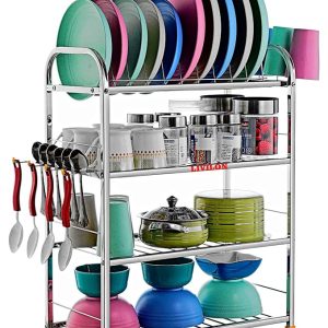 81XtYyZLyLL._SX679_ L LIVILON 4 Layer Wall Mount Kitchen Utensils Dish Rack | Stainless Steel Stand | Dish Stand/Holder | Kitchen Organizer | Utensils Rack with Plate (24 * 18), Tiered Shelf